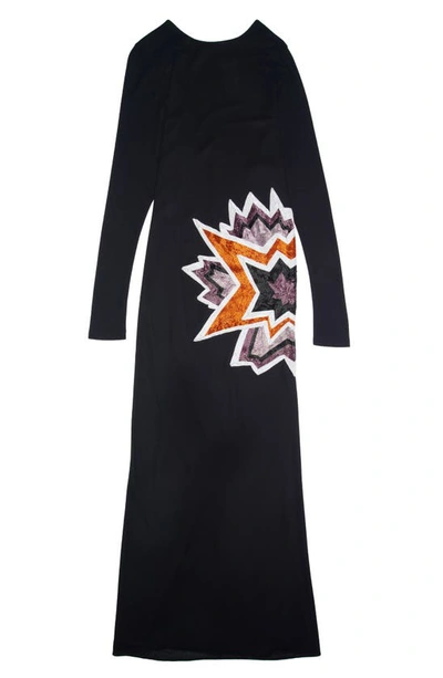 Shop Tom Ford Kapow Beaded Detail Long Sleeve Crepe Gown In Black/ Multicolor