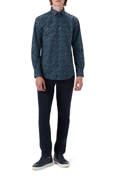 Shop Bugatchi Shaped Fit Floral Print Stretch Cotton Button-up Shirt In Midnight