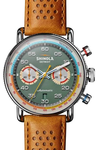 Shop Shinola Lap 6 Canfield Speedway Chronograph Leather Strap Watch, 44mm In Silver/ Pea Gravel Green