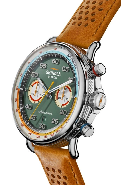 Shop Shinola Lap 6 Canfield Speedway Chronograph Leather Strap Watch, 44mm In Silver/ Pea Gravel Green