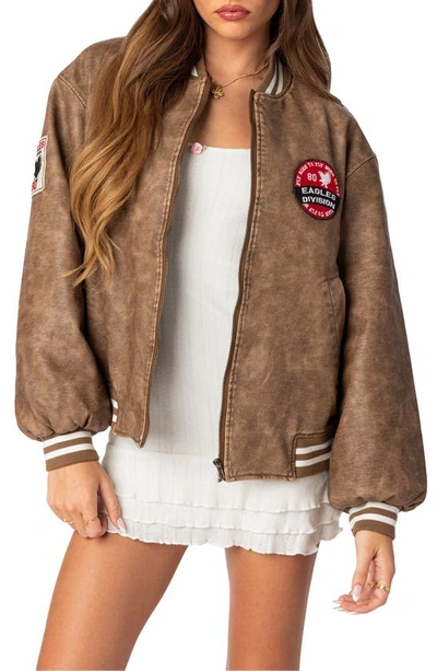 Shop Edikted Washed Faux Leather Bomber Jacket In Brown-washed