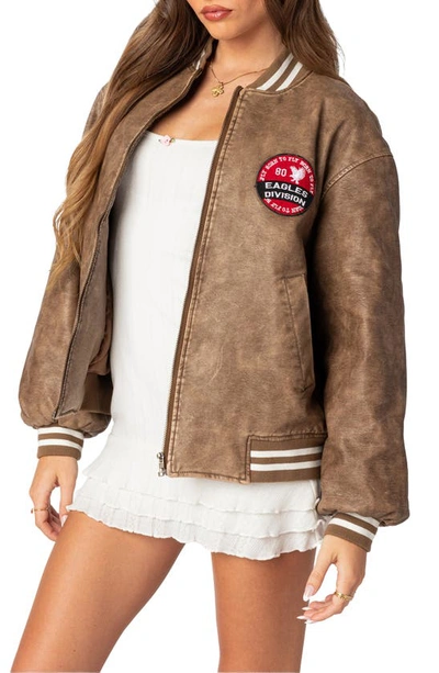 Shop Edikted Washed Faux Leather Bomber Jacket In Brown-washed