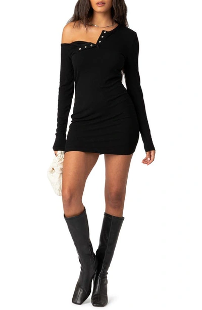 Shop Edikted Soleste Long Sleeve Rib Henley Minidress In Black