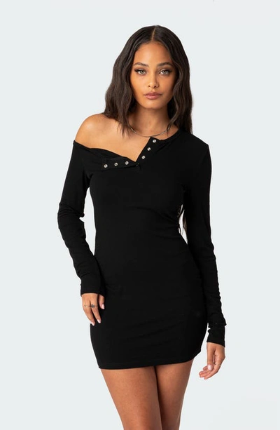 Shop Edikted Soleste Long Sleeve Rib Henley Minidress In Black
