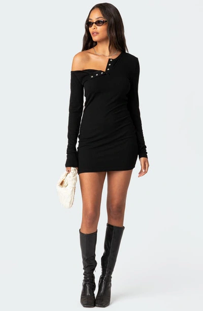 Shop Edikted Soleste Long Sleeve Rib Henley Minidress In Black