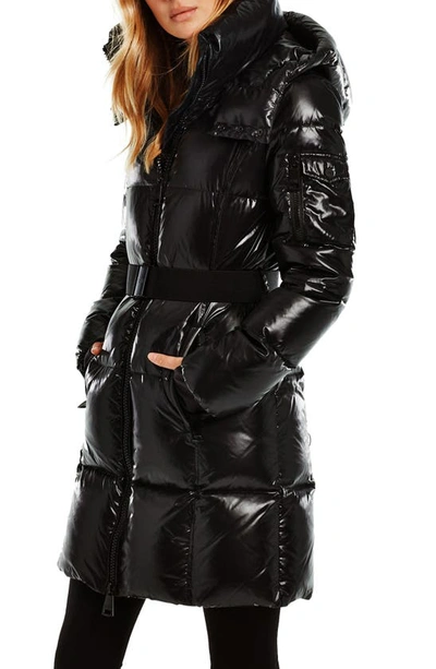 Shop Sam Noho Glossy Belted Down Puffer Coat With Removable Hood In Jet