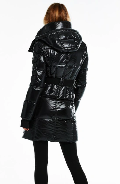 Shop Sam Noho Glossy Belted Down Puffer Coat With Removable Hood In Jet