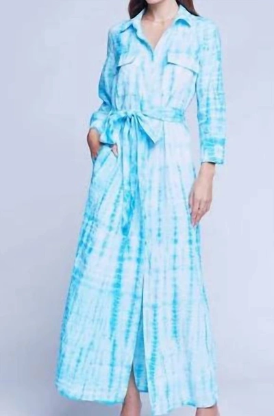 Shop L Agence Cameron Long Tie Dye Shirt Dress In Aqua In Blue