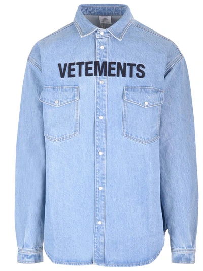 Shop Vetements Embroidered Logo Denim Shirt In Light Blue