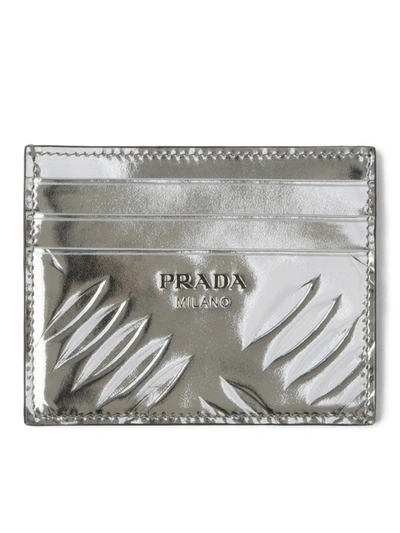 Shop Prada Brushed Leather Card Holder In Metallic