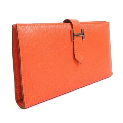 Shop Hermes Hermès Béarn Orange Leather Wallet  ()