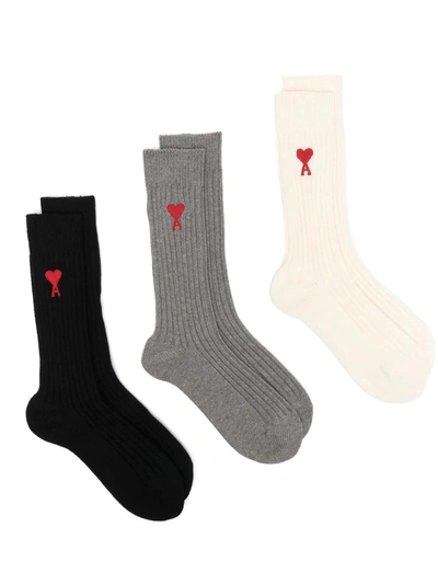 Shop Ami Alexandre Mattiussi Paris Logo-embroidered Socks (set Of Three) In Red