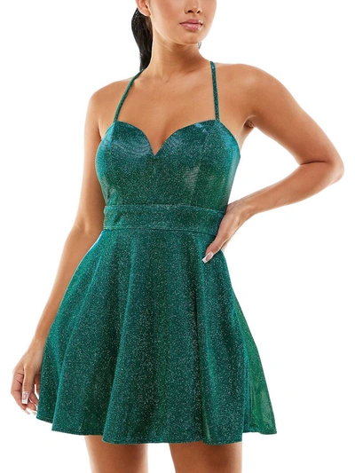 Shop Crystal Doll Juniors Womens Glitter Sweetheart Neck Mini Dress In Green