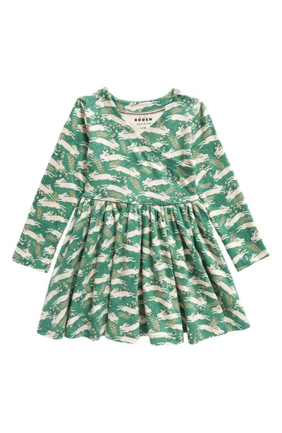 Mini Boden Kids' Long Sleeve Surplice Neck Cotton Jersey Dress In Green Bunny Hop