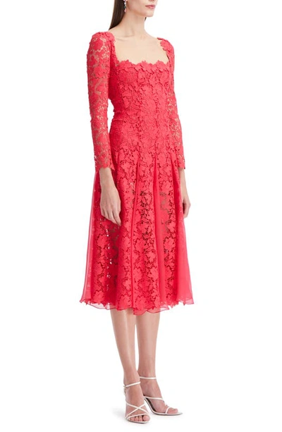 Shop Oscar De La Renta Gardenia Long Sleeve Guipure Lace Fit & Flare Dress In Cerise