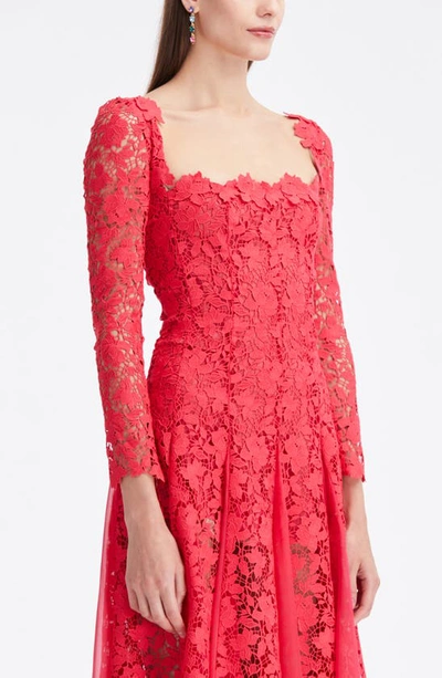 Shop Oscar De La Renta Gardenia Long Sleeve Guipure Lace Fit & Flare Dress In Cerise
