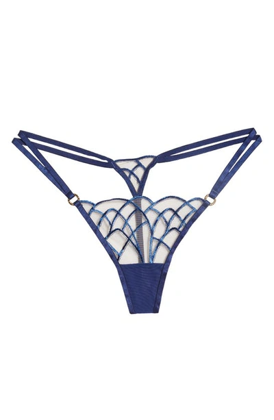 Shop Bluebella Beatrix Embroidered Mesh Thong In Twilight Blue/sheer