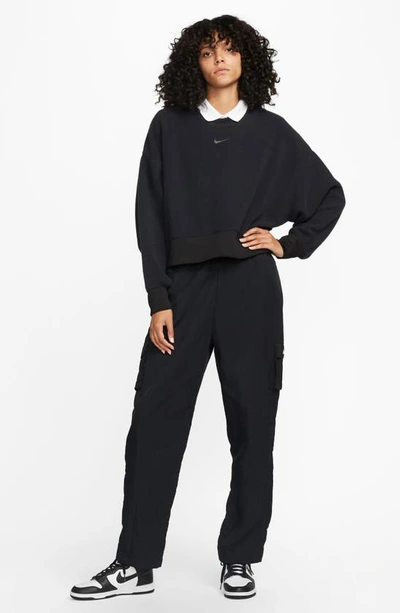 Shop Nike Oversize Fleece Crop Crewneck Sweatshirt In Black/ Dkskgy