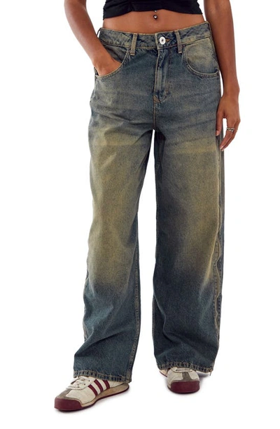 Shop Bdg Urban Outfitters Jaya Tinted Side Zip Low Rise Wide Leg Jeans In Vintage Denim