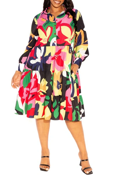 Shop Buxom Couture Floral Long Sleeve Shirtdress In Black Multi