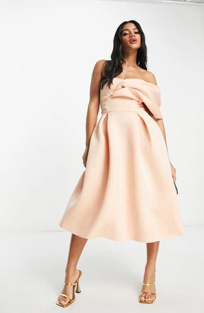 Shop Asos Design Pleat Front Off The Shoulder Dress In Light Pink