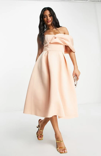 Shop Asos Design Pleat Front Off The Shoulder Dress In Light Pink