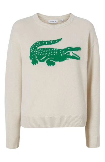 Shop Lacoste Big Croc Cashmere & Wool Crewneck Sweater In Flour/ Roquette