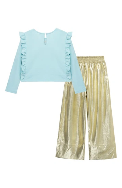 Shop Peek Aren't You Curious Kids' Embroidered Long Sleeve Top & Linen Blend Pants Set In Light Blue And Gold