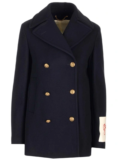 Shop Golden Goose Blue Peacoat With Heraldic Buttons In Blu Scuro