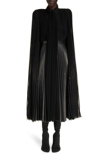 Shop Balenciaga Pleated Leather Midi Skirt In Black