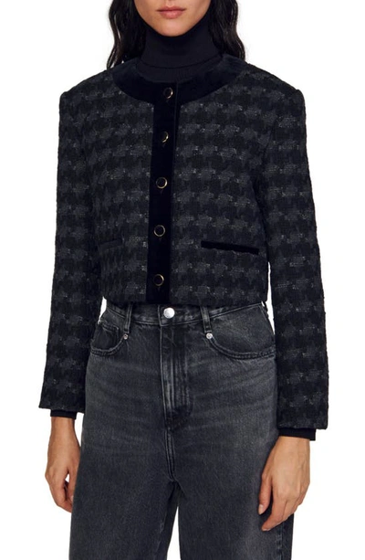 Shop Sandro Vali Houndstooth Velvet & Tweed Crop Jacket In Black