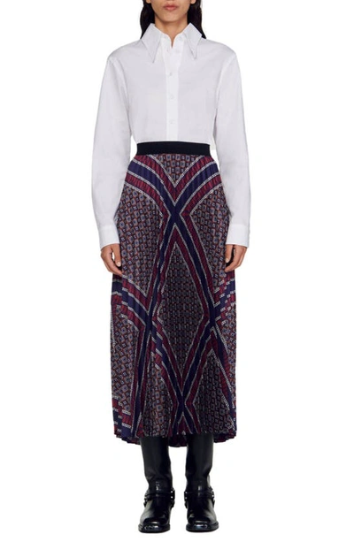 Shop Sandro Loana Pleated High Waist Midi Skirt In Marron / Bleu