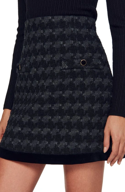 Shop Sandro Alina Houndstooth Tweed & Velvet Miniskirt In Black