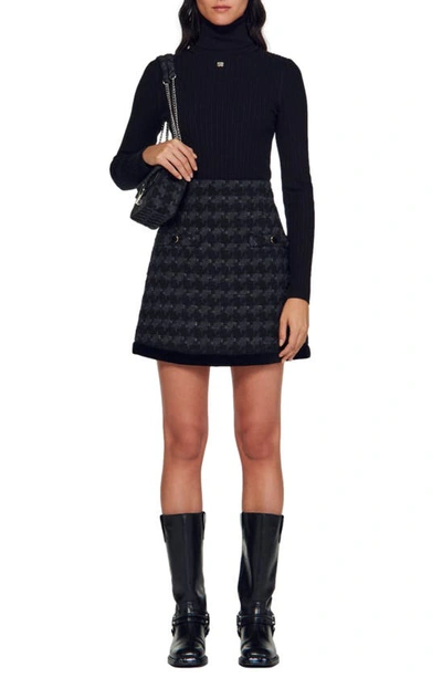 Shop Sandro Alina Houndstooth Tweed & Velvet Miniskirt In Black