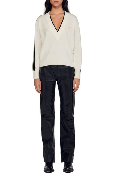 Shop Sandro Sully Wool & Cashmere V-neck Sweater In Ecru