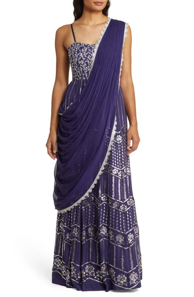 Shop Sani Anjali Metallic Embroidered Anarkali With Dupatta In Purple