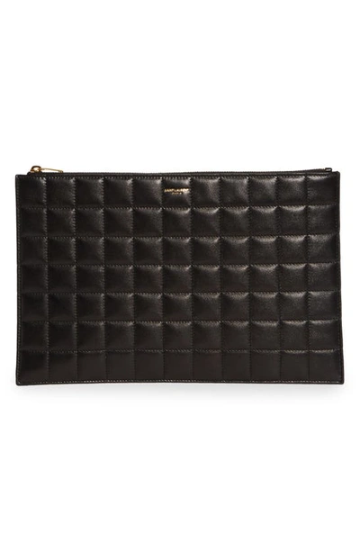 Shop Saint Laurent Quilted Leather Tablet Pouch In Noir
