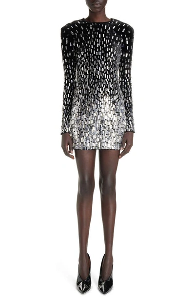 Shop Balmain Crystal Embroidery Long Sleeve Minidress In Black/ Crystal