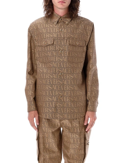 Shop Versace Allover Overshirt In Brown/beige