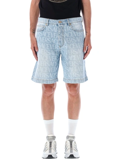 Shop Versace Allover Denim Shorts In Light Blue