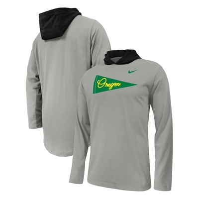 Shop Nike Youth  Gray Oregon Ducks Sideline Performance Long Sleeve Hoodie T-shirt