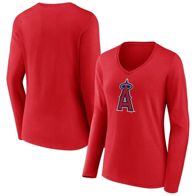 Shop Fanatics Branded Red Los Angeles Angels Official Logo V-neck Long Sleeve T-shirt