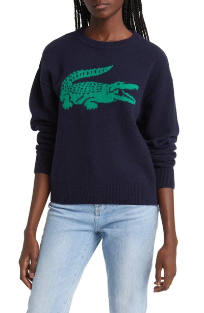 Shop Lacoste Big Croc Cashmere & Wool Crewneck Sweater In 9tl Marine/ Roquette