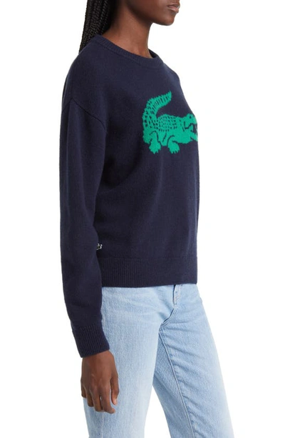 Shop Lacoste Big Croc Cashmere & Wool Crewneck Sweater In 9tl Marine/ Roquette