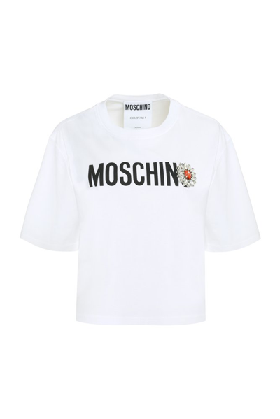 Shop Moschino Logo Printed Crewneck Cropped T In White