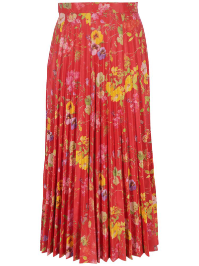 Shop Balenciaga Floral Printed Pleated Midi Skirt In Red