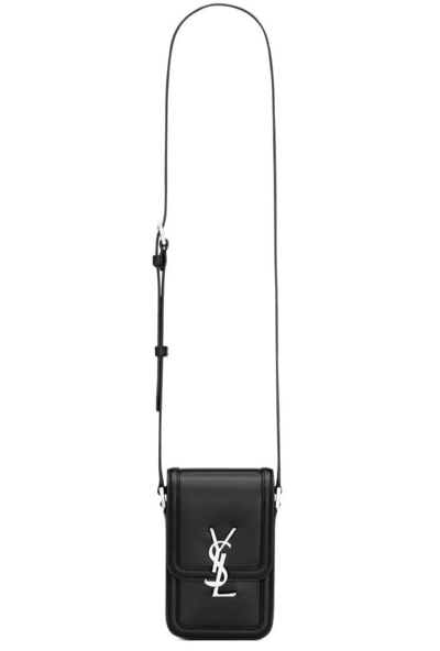 Shop Saint Laurent Logo Plaque Foldover Phone Case Bag In Black