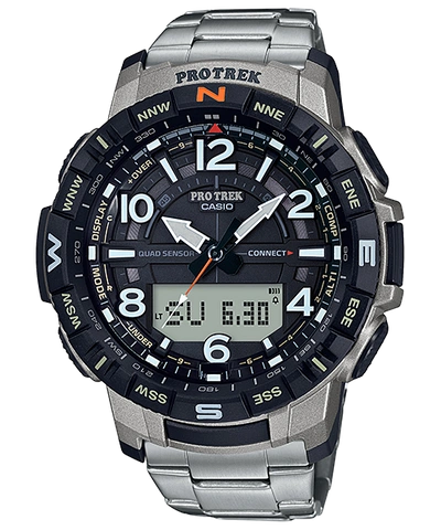 Pre-owned Casio Pro Trek Prt-b50t-7jf Climber Line Bluetooth Titanium Band Watch 50.8mm