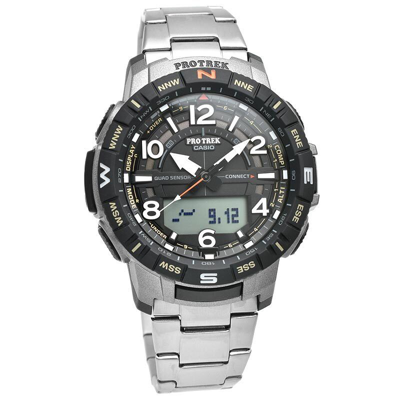 Pre-owned Casio Pro Trek Prt-b50t-7jf Climber Line Bluetooth Titanium Band Watch 50.8mm