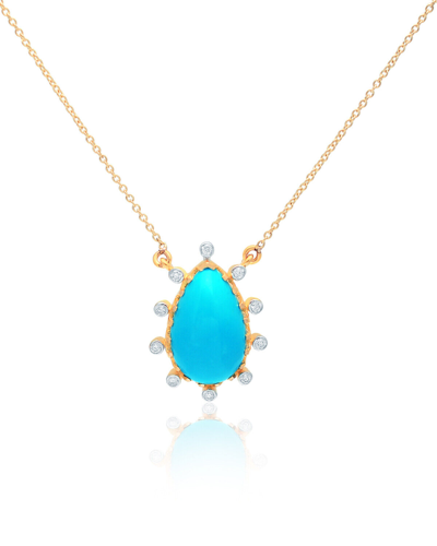 Pre-owned Handmade Chain Engagement Necklace 14k Yellow Gold Diamond Turquoise Gemstone Jewelry